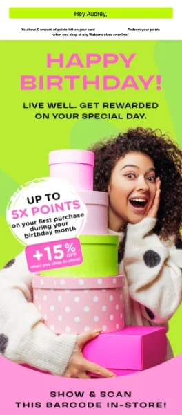 Email from Watsons with a birthday greeting and extra rewards