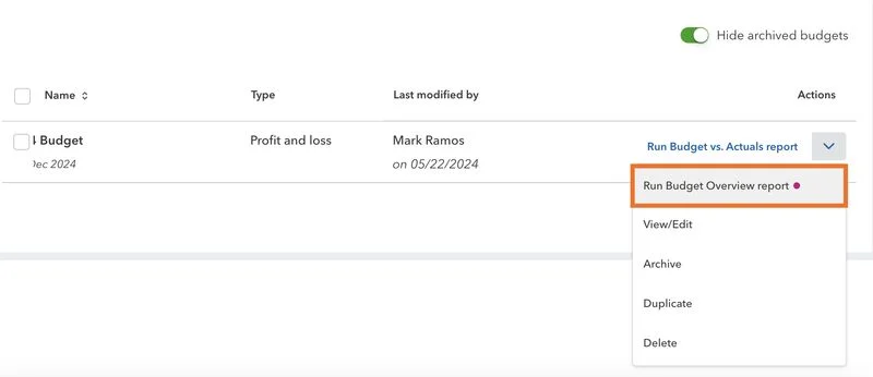 Screen showing how to run a budget overview report in QuickBooks