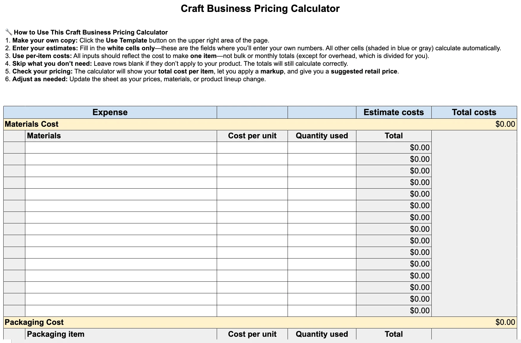 Craft Business Pricing Calculator.