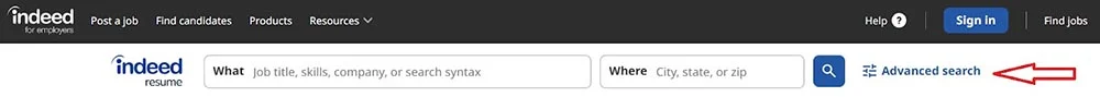 Indeed Find Candidates advanced search bar.