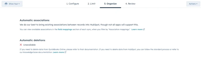 Screen where you can organize your data before syncing between QuickBooks Online and HubSpot.