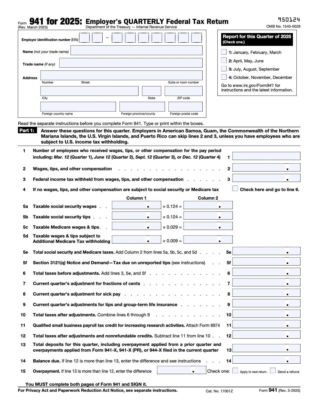 Form 941 - Quarterly Federal Tax Return