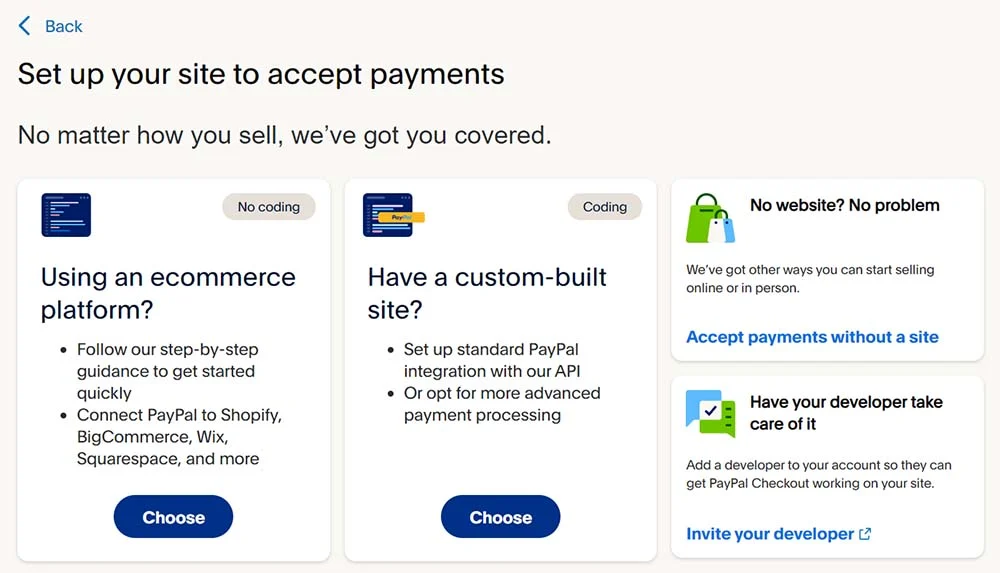 PayPal Business website integration page.