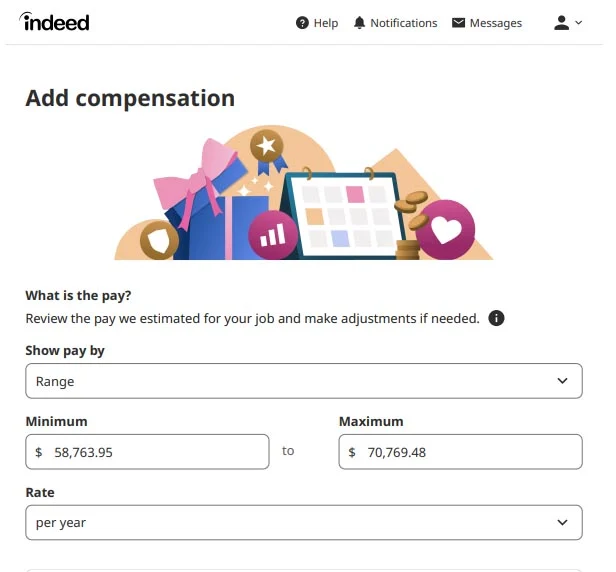 Indeed's compensation form for job posting.