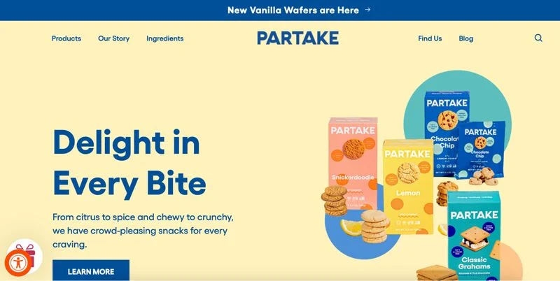 Partake foods homepage showing red circle accessibility button toggle