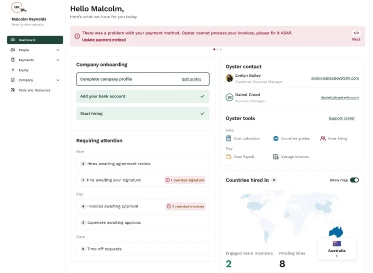 Oyster’s dashboard showing tasks, notifications, quick links to Oyster tools and more.