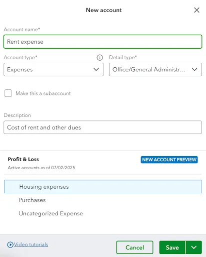 Creating a new expense account in QuickBooks Online