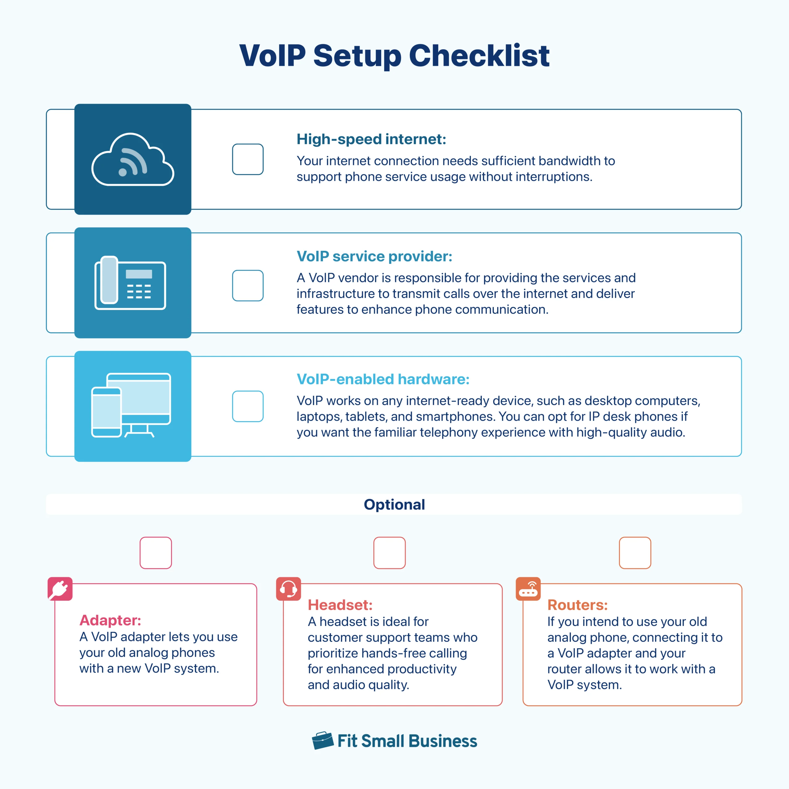 A list of key requirements when setting up a VoIP system for business.