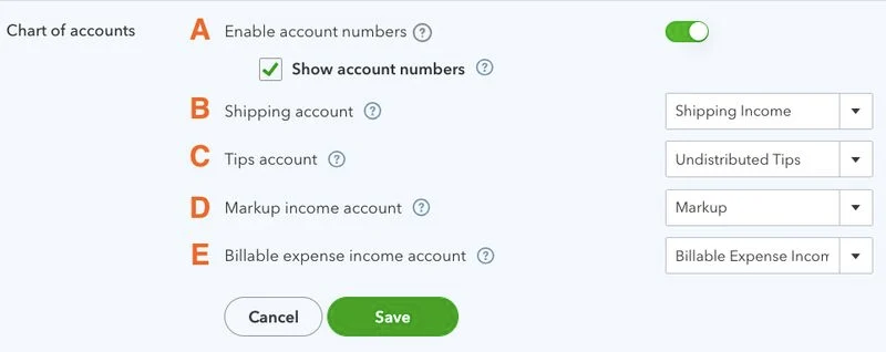 Screen where you can adjust preferences for managing chart of accounts in QuickBooks Online