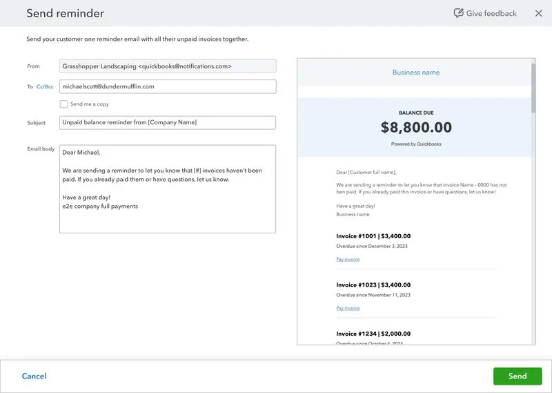 Screen where you can send a single email reminder to alert customers of their unpaid balances.
