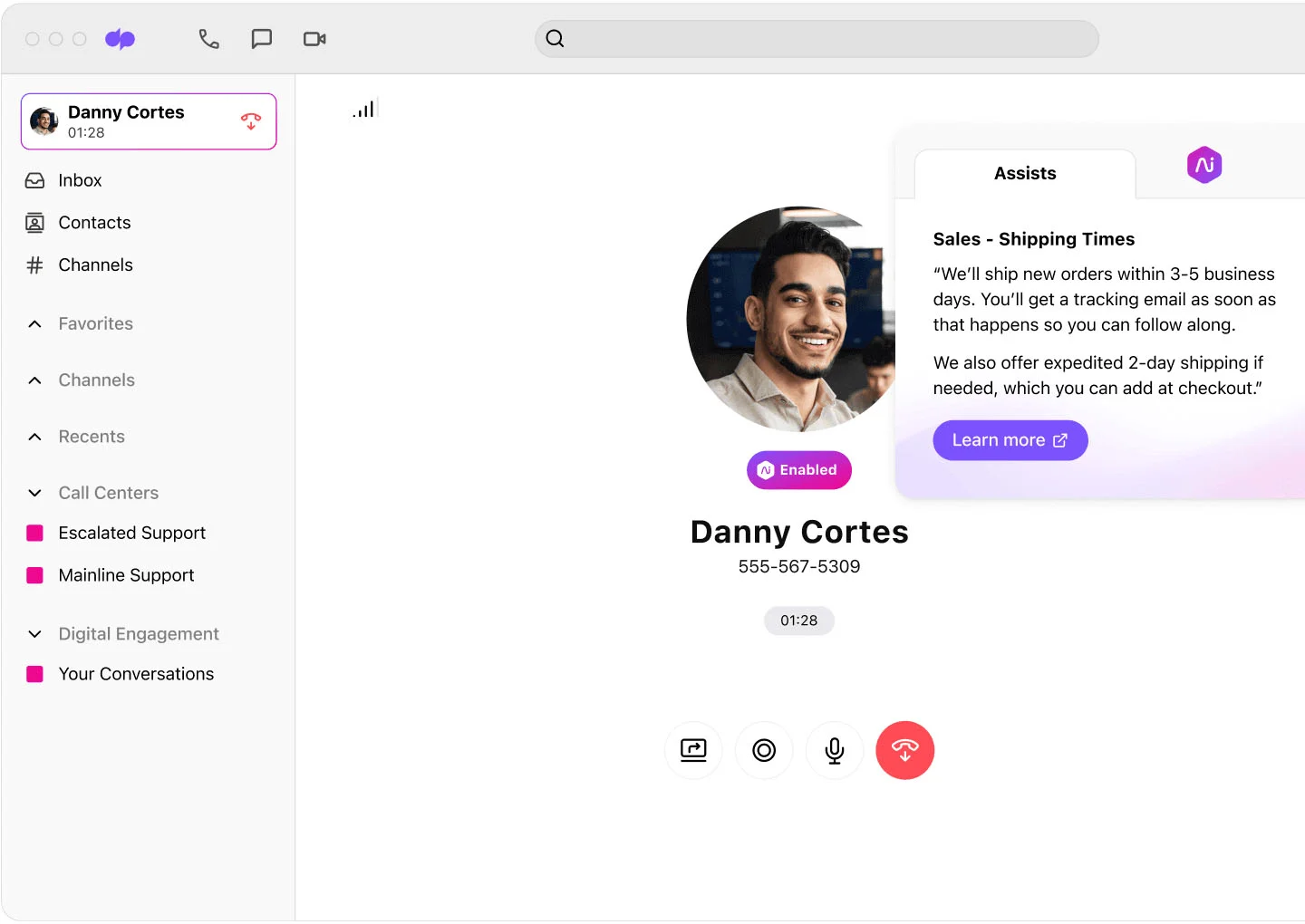 Dialpad interface showing an ongoing customer call with a dialog box on the right side of the screen displaying the real-time assist feature and a spiel for informing shipping times.