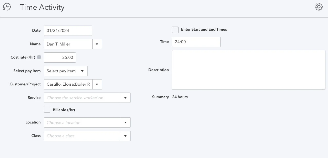 Screen where you can record time worked by employees on a project.