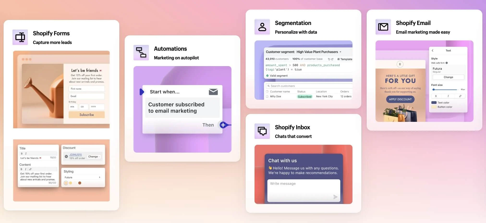 Shopify new releases on marketing tools shopify forms automation segmentation shopify email shopify inbox