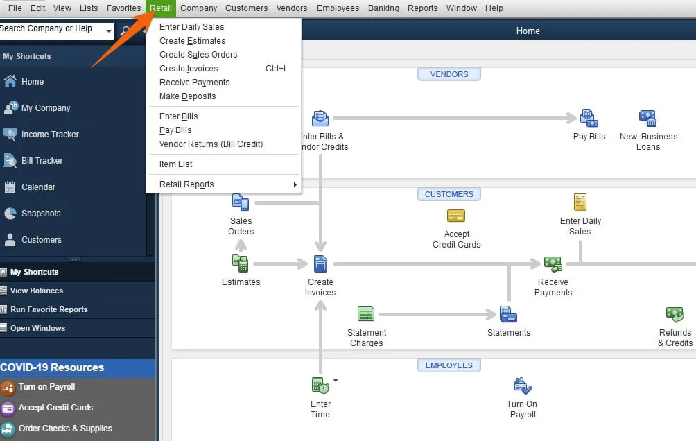 QuickBooks Retail Edition Dashboard.