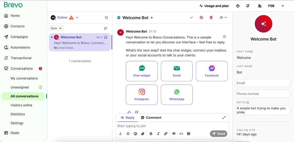 Brevo's unified inbox for responding to email and SMS messages.