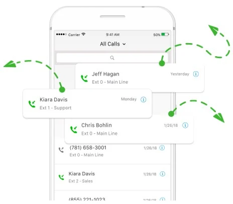 A smartphone showing a list of names, along with their respective phone extensions