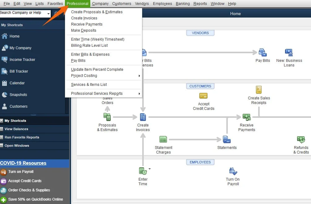 QuickBooks Professional menu sample.