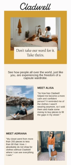 Email from clothing brand Cladwell featuring customer testimonials
