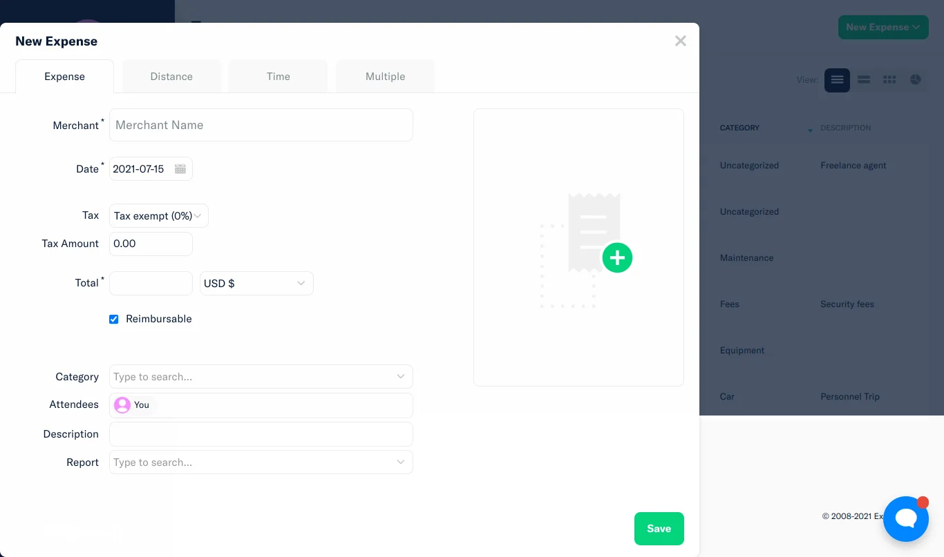 Screenshot of Expensify manually create new expenses.