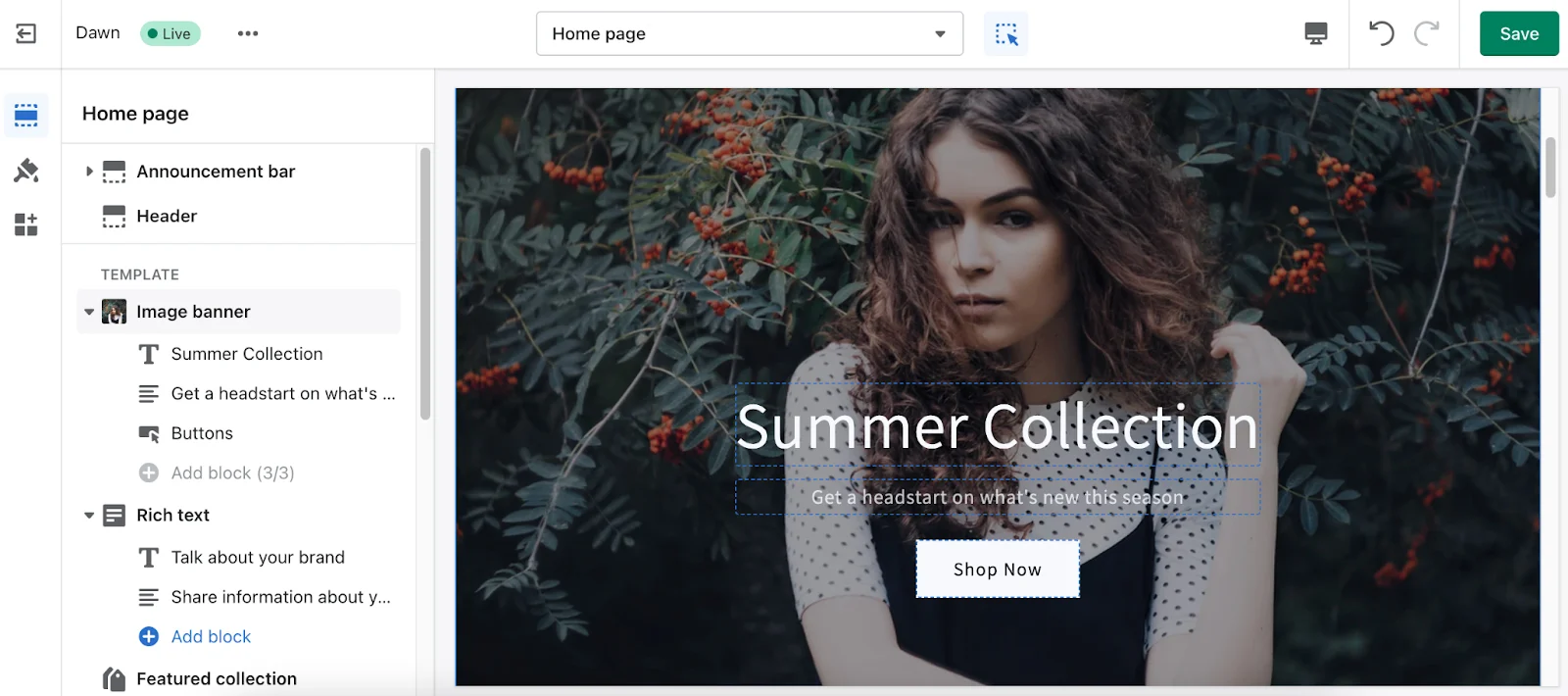 Shopify Website Builder using Dawn Theme drag-and-drop building blocks.