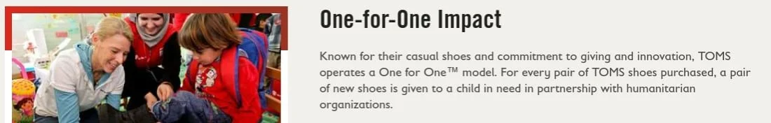 Screenshot of TOMS Core Values