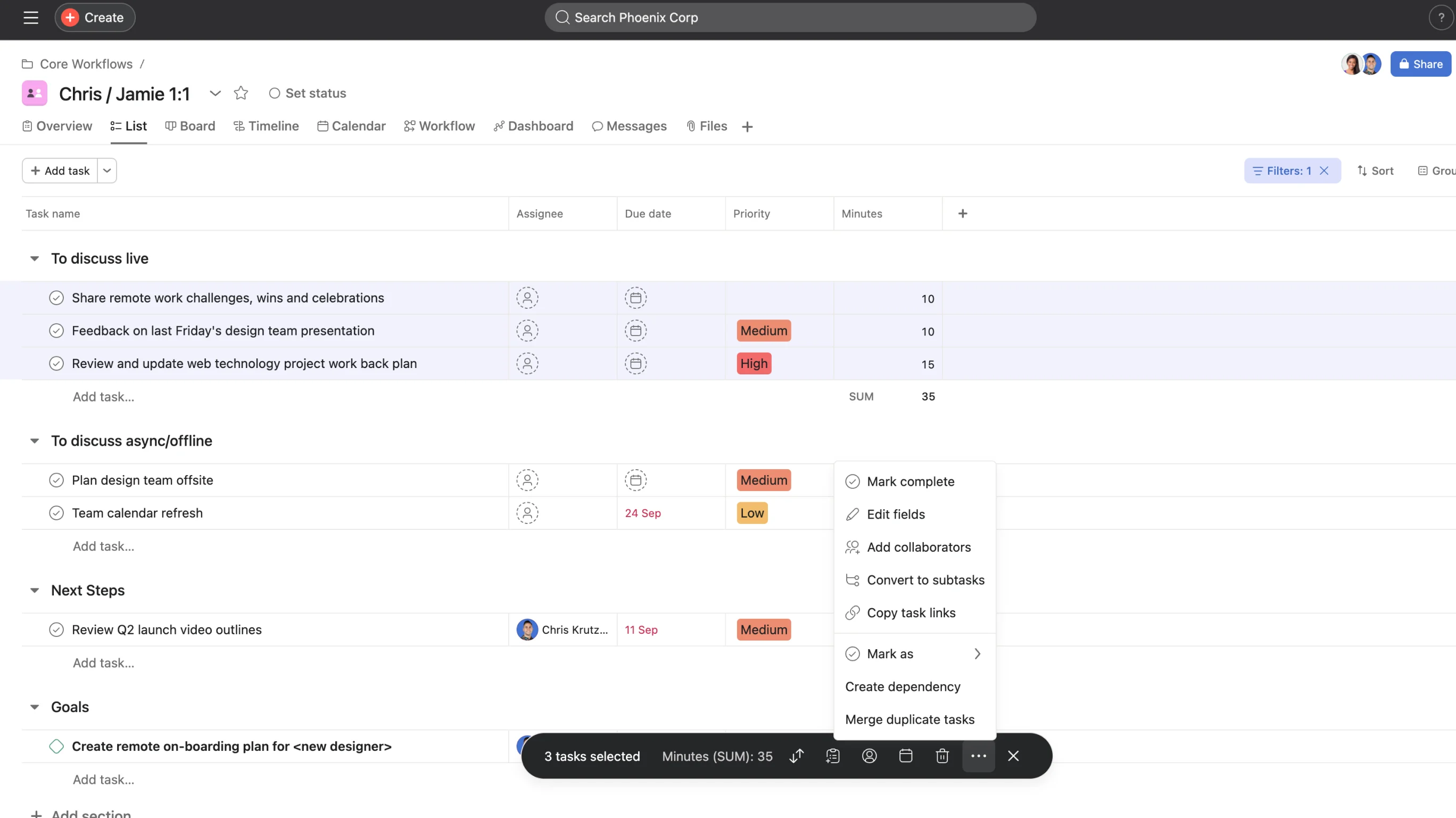 Asana list view with three selected tasks and a menu for editing fields, adding collaborators, and creating dependencies.