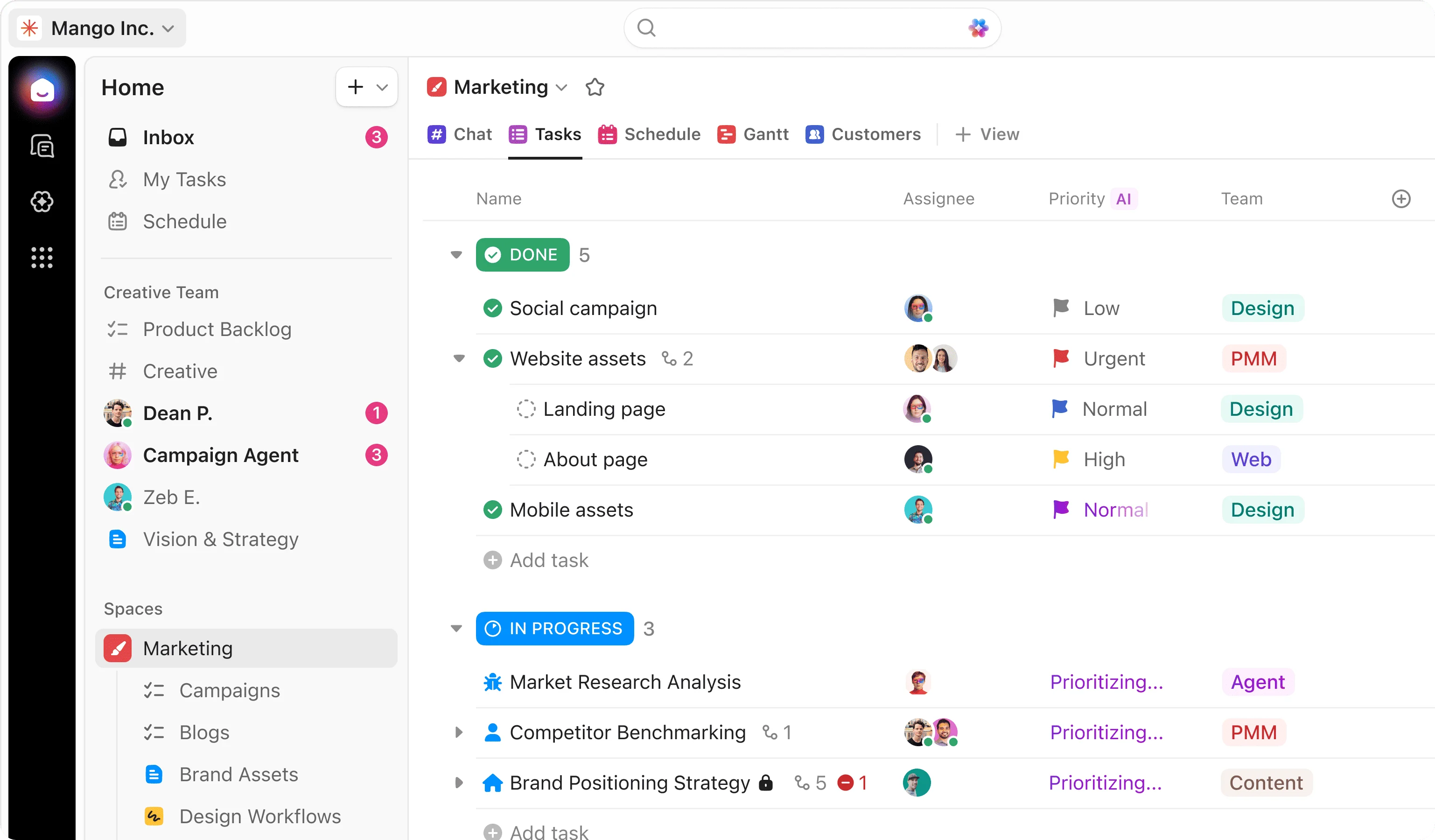 ClickUp marketing task list grouped by status with AI-generated priority fields for assigned work.