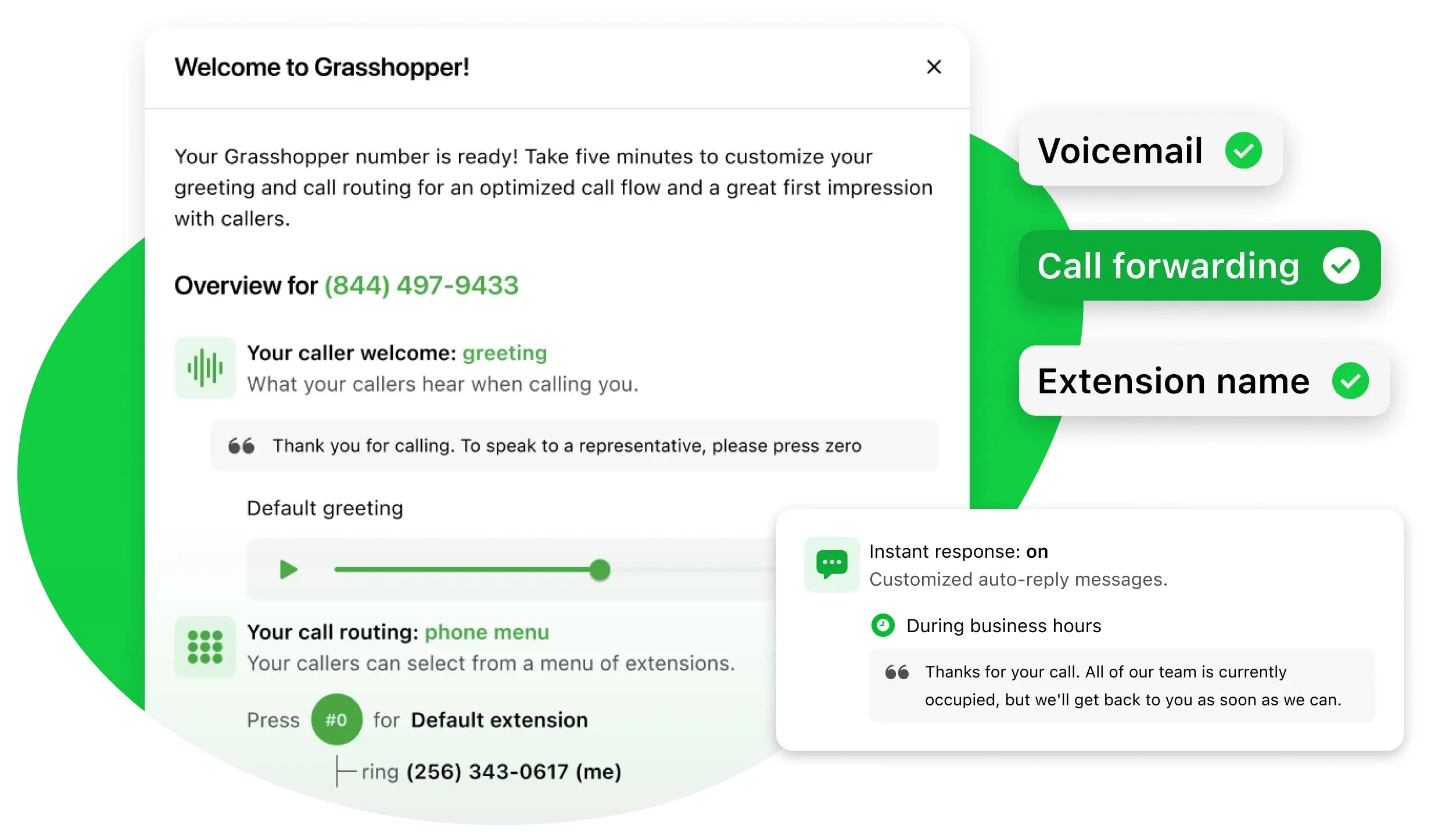 Grasshopper welcome message with voicemail, extensions, and call forwarding features.
