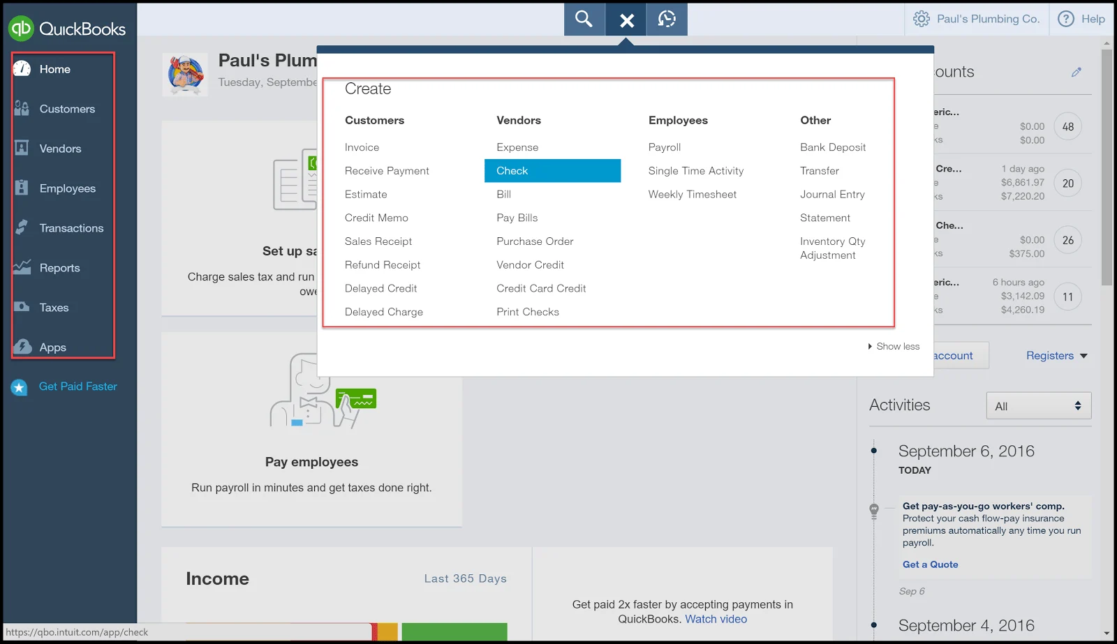 QuickBooks left menu bar and Quick Create menu