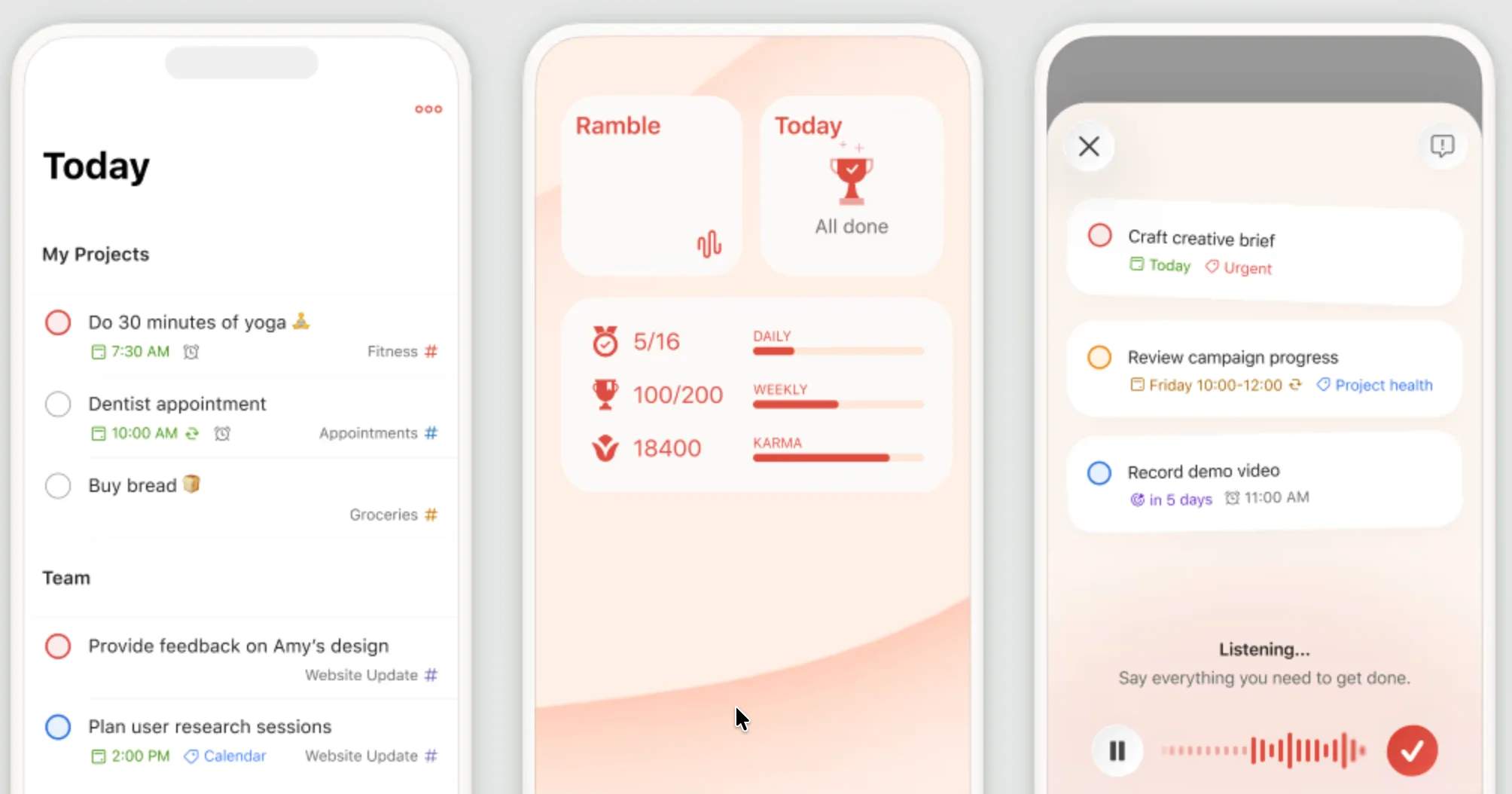 Todoist mobile screens showing a daily task list, productivity statistics, and voice-based task capture.