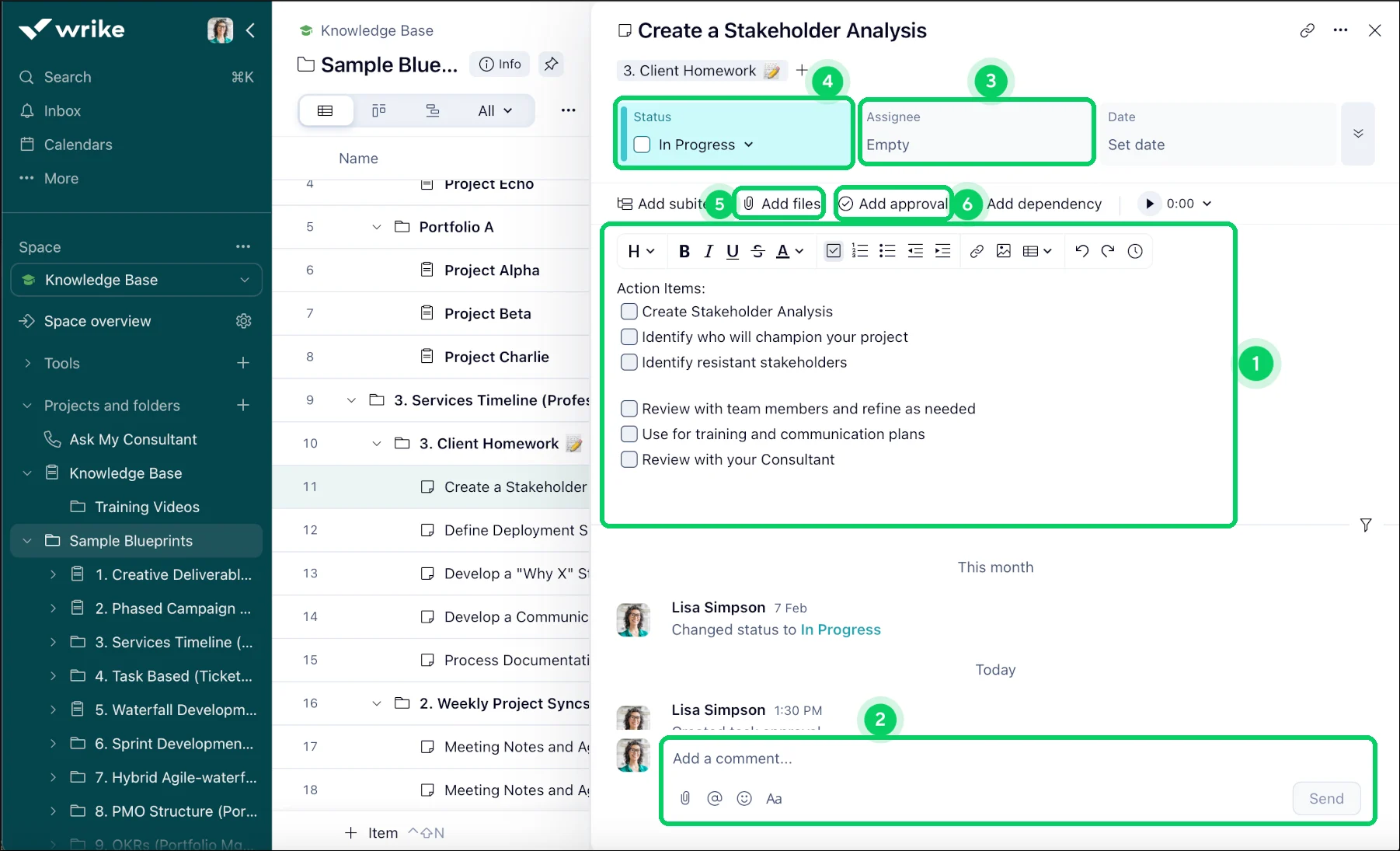 Wrike task panel with instructions, status and assignee fields, file attachments, an approval option, and comments.
