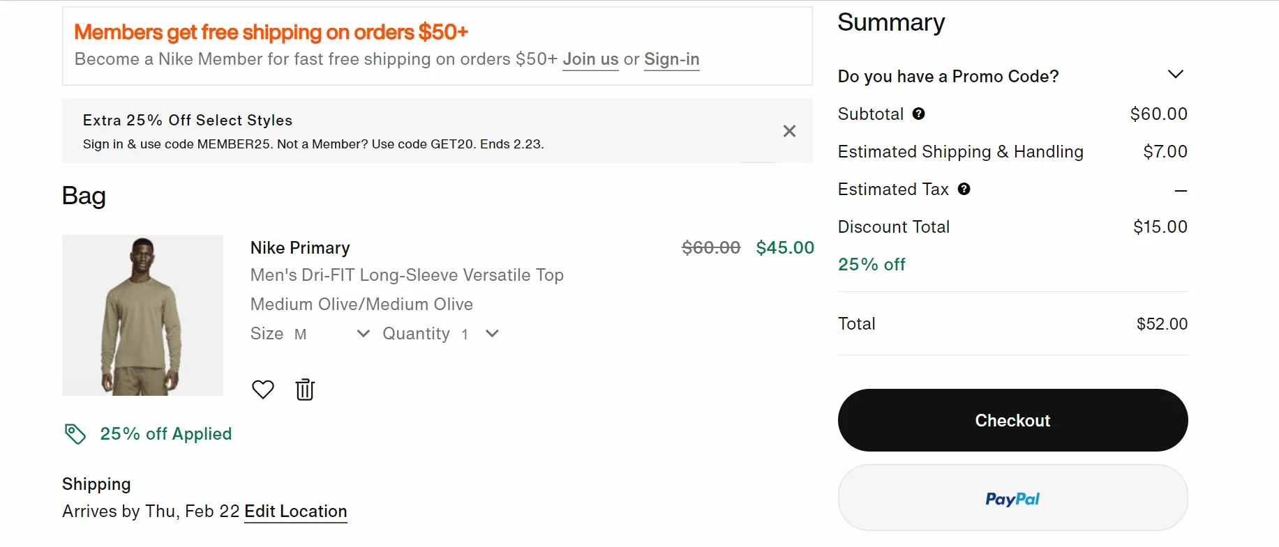 Nike checkout page with information and guest checkout option.