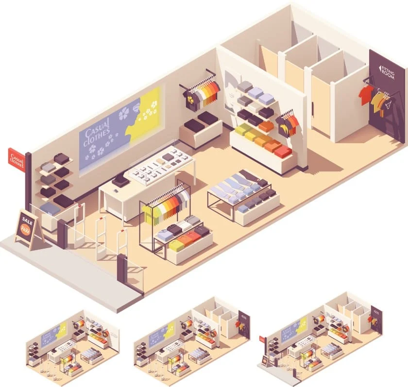 Small-footprint retail store layout features a Checkout counter on the left side of the store, with featured products displayed on the right side
