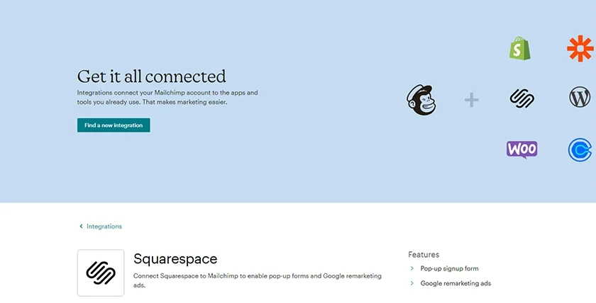 Integrations for importing contacts from Squarespace into Mailchimp.