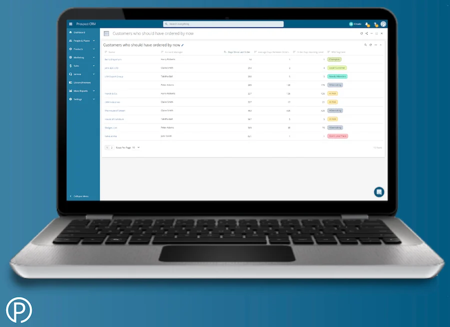 A laptop screen displaying Prospect CRM missing orders alerts.