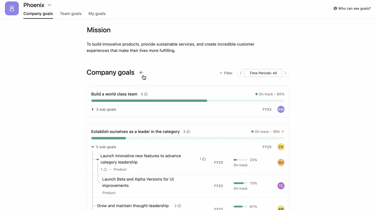 A GIF showing an Asana user adding a company goal, filling out the "Goal title" input field, and adding the "Marketing" team in the "Members" input field