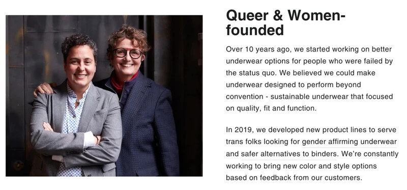 TomboyX highlights its queer and women-founded story on its website.