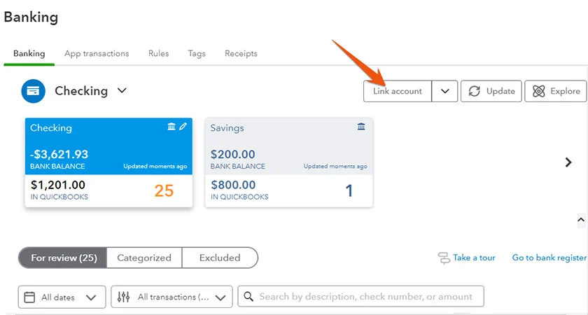 QuickBooks' Banking Center highlighting the link account button.