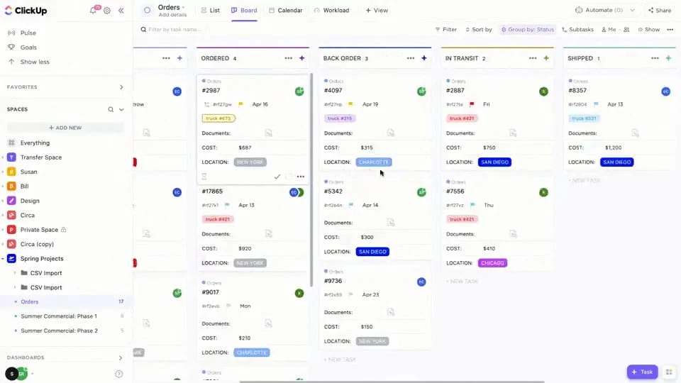 Viewing a kanban board for a project in ClickUp.