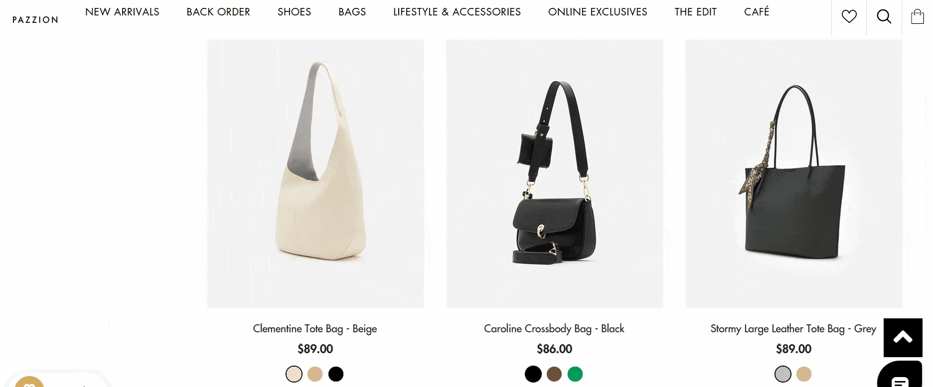 GIF of hovering over listings on Pazzion's online store