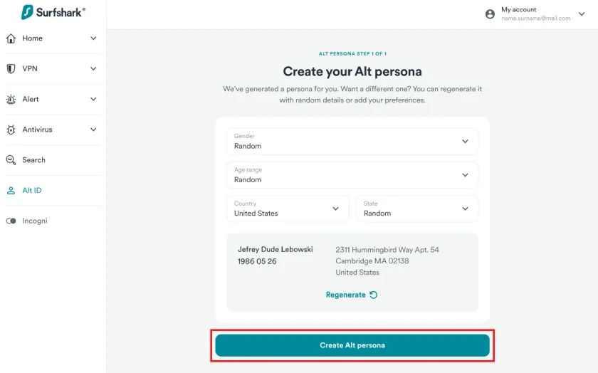 How to create your alternative online identity through Surfshark's user portal.