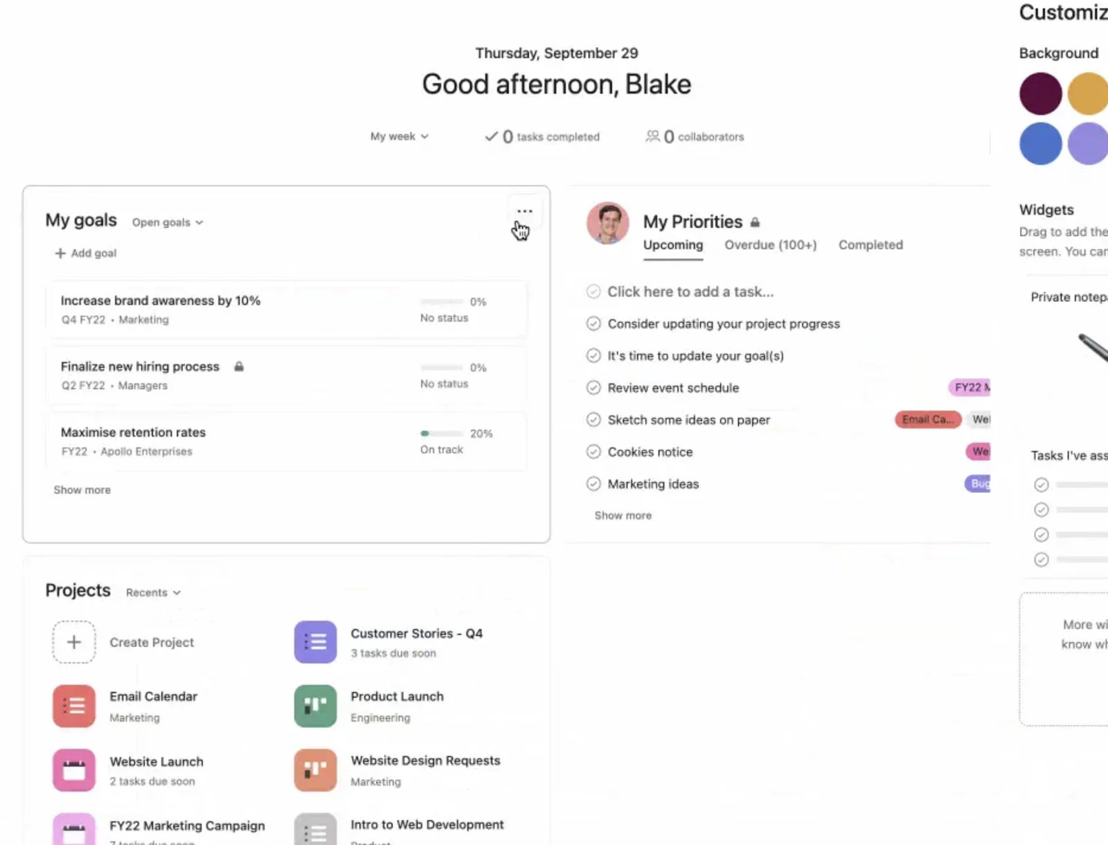 Asana goals widget on a user home page alongside other widgets like My Priorities and Projects.