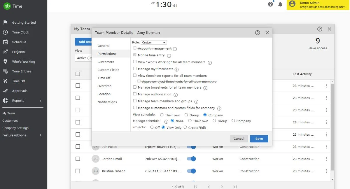 Creating custom permissions for employees with QuickBooks Time.