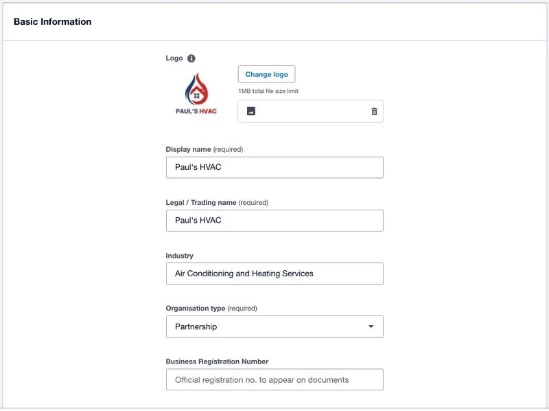 Screen where you can add or edit basic company information in Xero