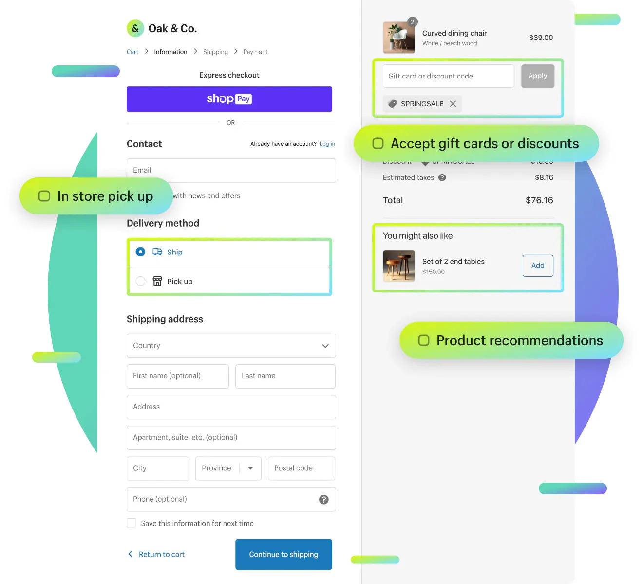 Screenshot of a checkout page using Shop Pay and an improved checkout experience from Shopify.