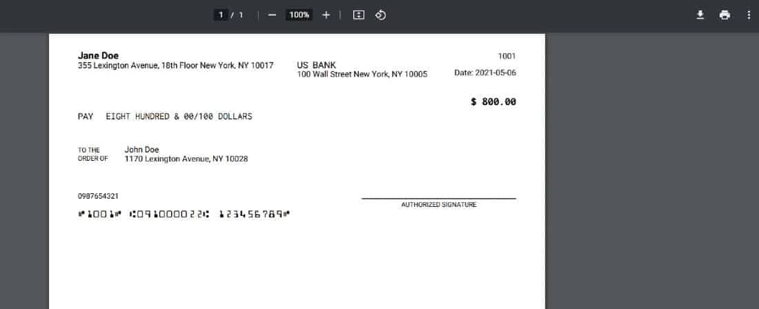 The PDF version of the personal check.