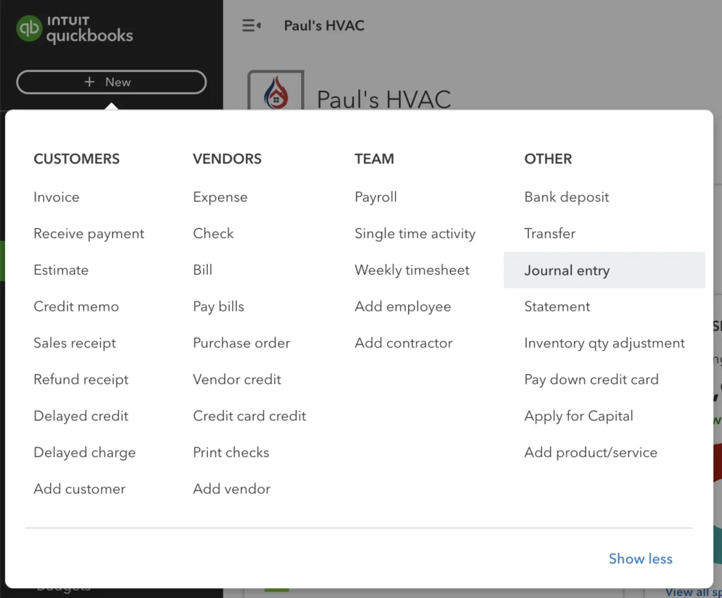 Image showing how to access the journal entry page on QuickBooks.
