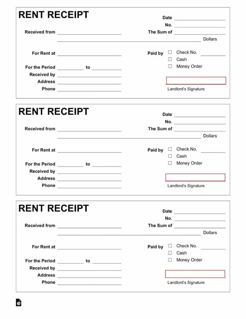 An example of a blank rent receipt.