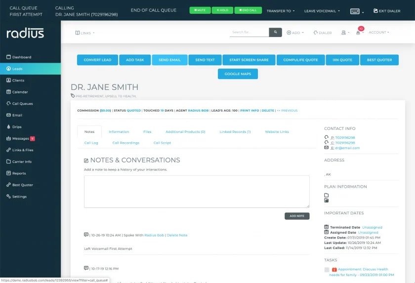 Radius' lead information page that shows the "Notes & Conversations" form and past communication logs.