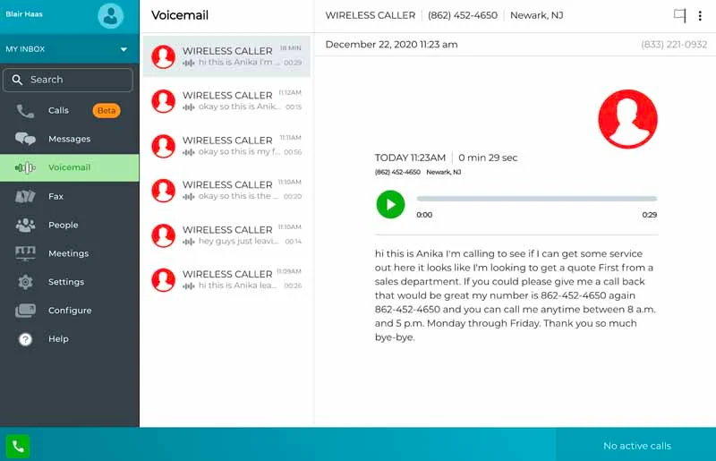 Phone.com desktop app interface showing a voicemail message that contains the audio file and its transcription.